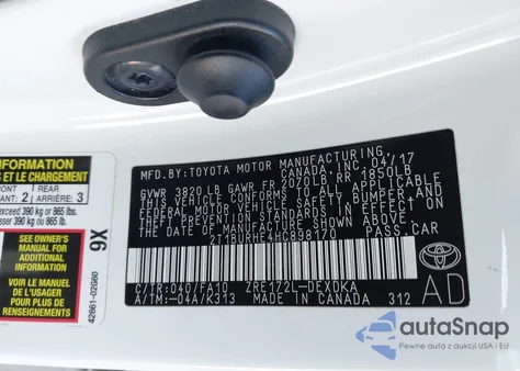 2017 Toyota Corolla L z USA, uszkodzony, nr VIN 2T1BURHE4HC898170